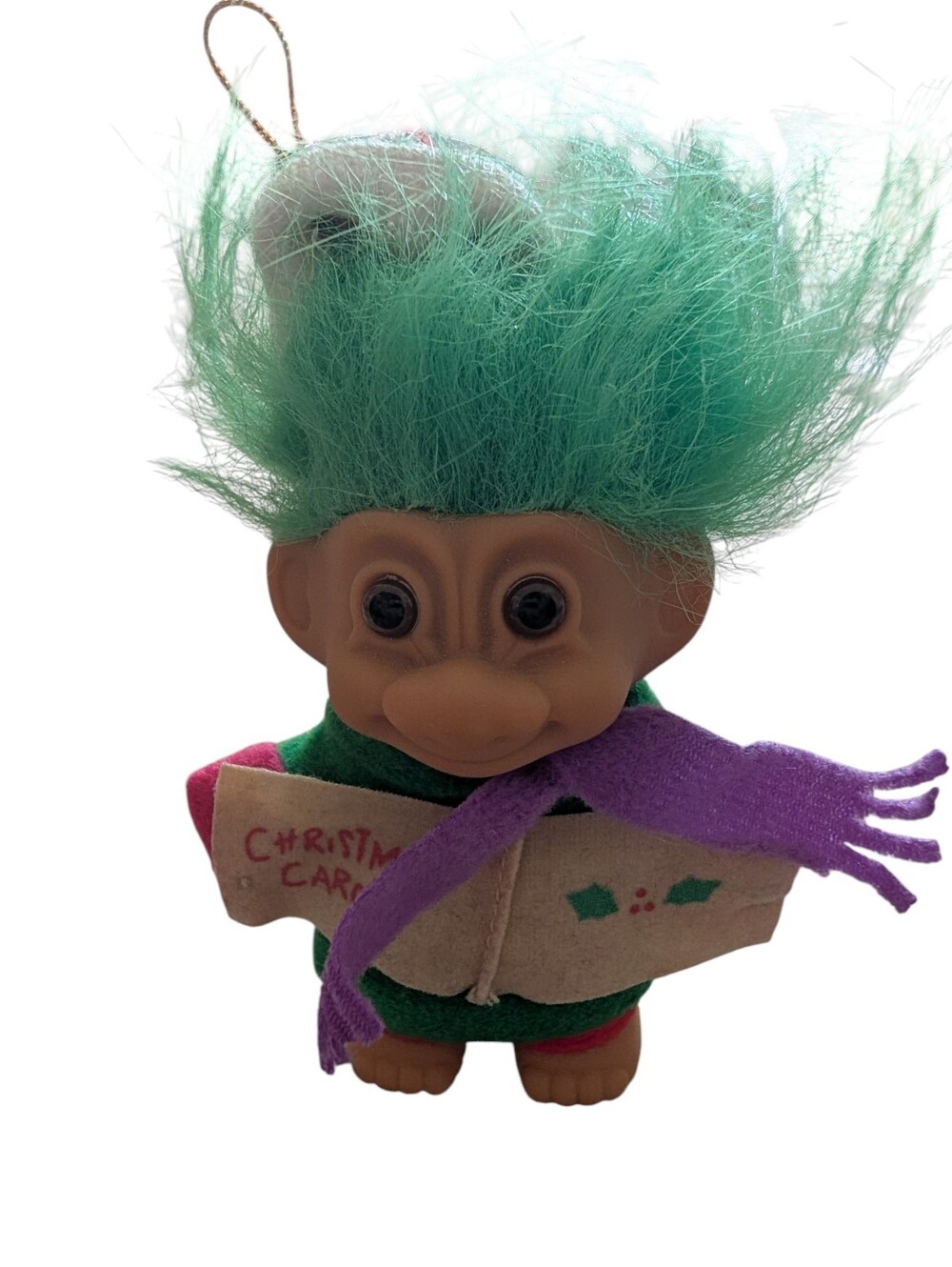 Vintage 1990s Russ Berrie Christmas Caroler Troll Doll Ornament Green Hair
